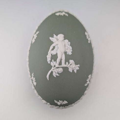 British Vintage Wedgwood Jasperware Egg-Shaped Trinket Box, Green